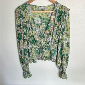 ASOS Green and White Wrap Blouse with Long Sleeves